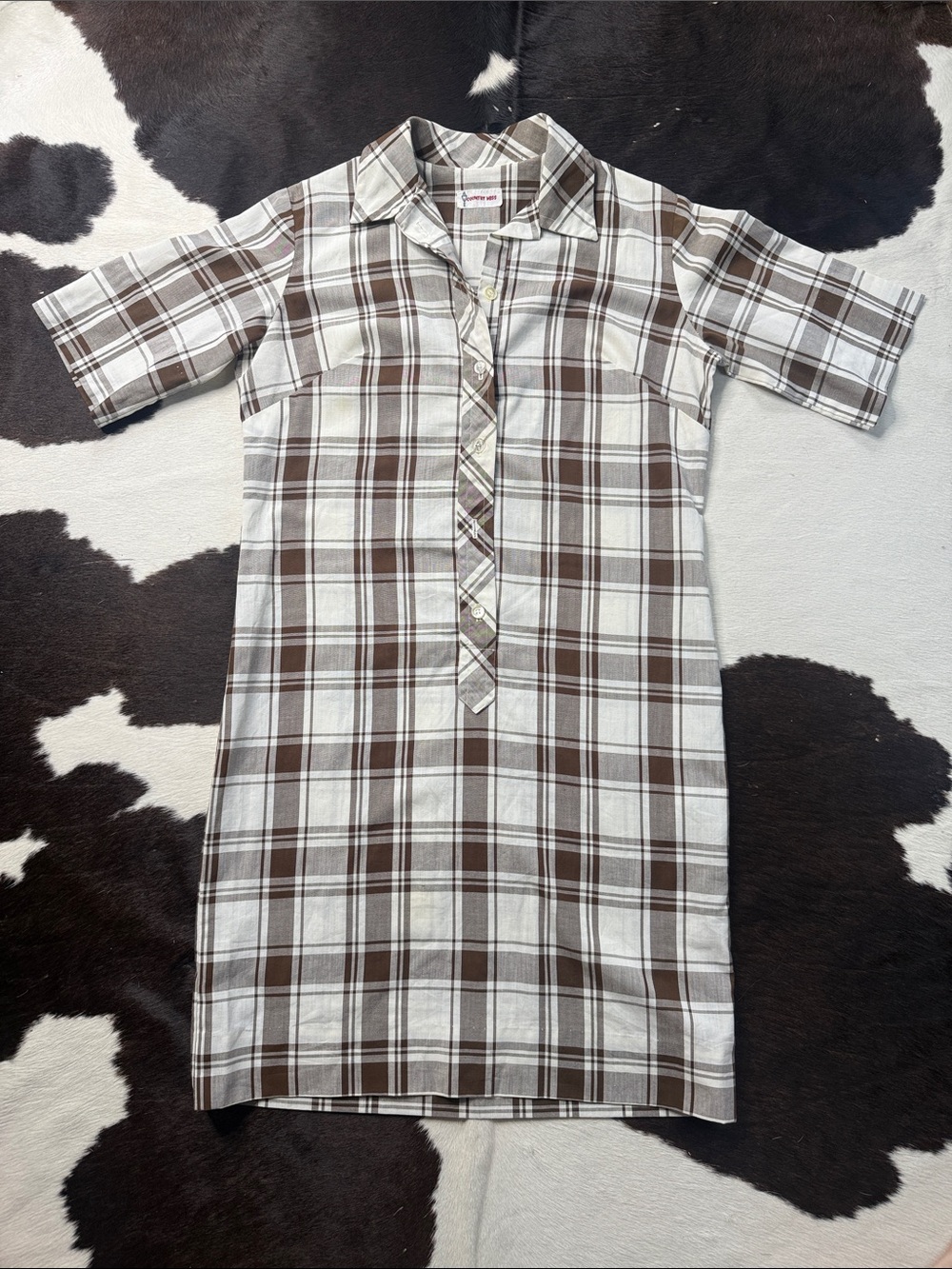 Country Miss Brown & White Plaid Midi Shirt Dress with Short Sleeves